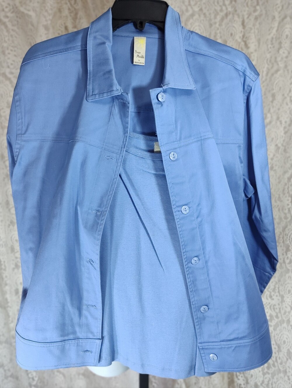 Sun Moda Sky Blue Button-Up Shirt Jacket & Camisole Skirt options